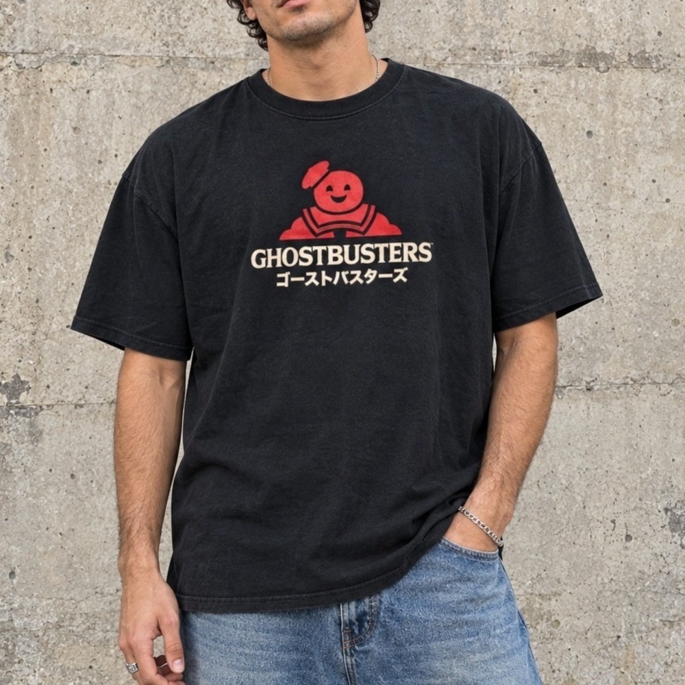 Ghostbusters Stay Puft Marshmallow Man Japanese Text Gildan T-Shirt Black 2XL